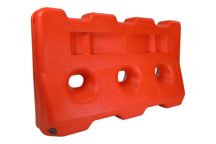 Orange ROAD BARRIER 150 CM plastic water-fill barrier with three round lower openings and interlocking top profile
