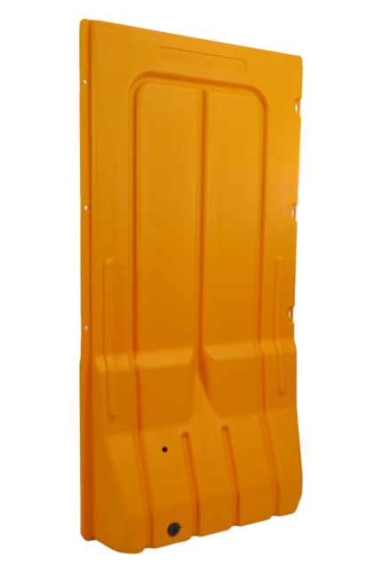 Yellow plastic CONSTRUCTION COVER panel with reinforced ribs and side fixing holes for protecting openings on construction sites