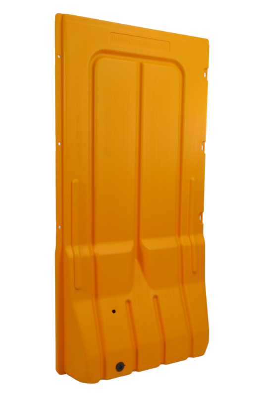 Yellow plastic CONSTRUCTION COVER panel with reinforced ribs and side fixing holes for protecting openings on construction sites