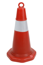 Traffic funnel 100 CM tall red traffic cone with silver reflective band and top ring for chains or tape