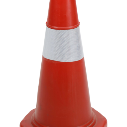 Traffic funnel 100 CM tall red traffic cone with silver reflective band and top ring for chains or tape