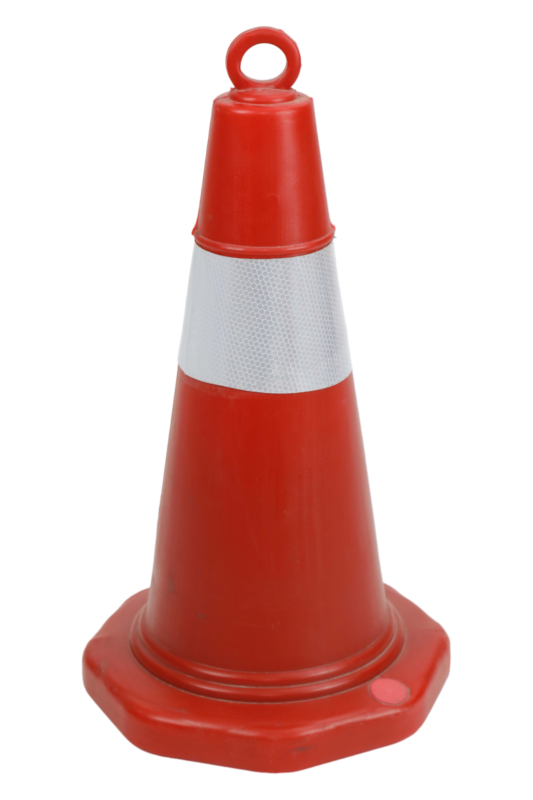 Traffic funnel 100 CM tall red traffic cone with silver reflective band and top ring for chains or tape
