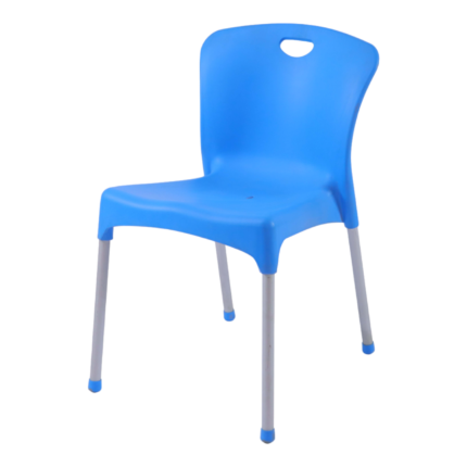 Turkish chair without handle in blue polypropylene with metal legs and top carry hole, stackable for indoor and outdoor seating