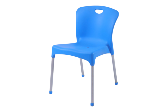 Turkish chair without handle in blue polypropylene with metal legs and top carry hole, stackable for indoor and outdoor seating