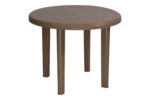round plastic outdoor table with grid top and umbrella hole for patios, cafés, and events