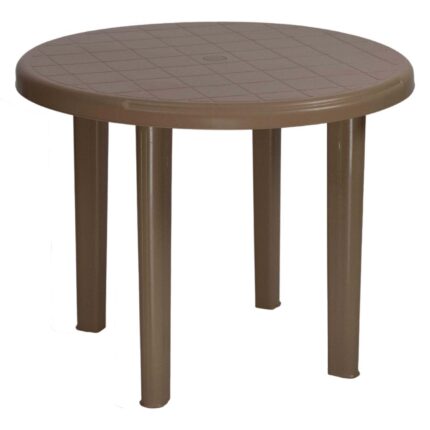 round plastic outdoor table with grid top and umbrella hole for patios, cafés, and events