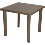 Square table in beige plastic with patterned top and straight legs for outdoor garden and café use