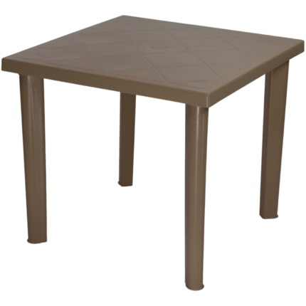 Square table in beige plastic with patterned top and straight legs for outdoor garden and café use
