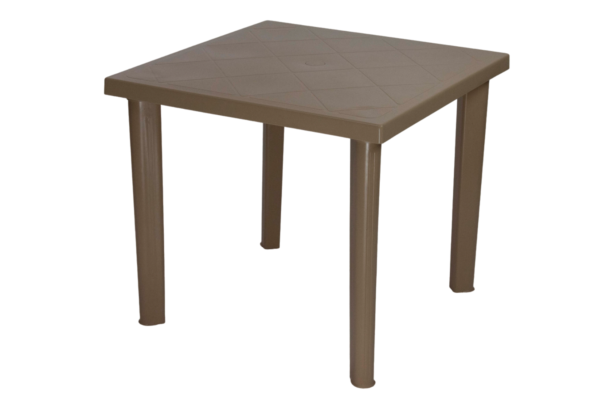 Square Table – Beige Plastic Outdoor Table Square table in beige plastic with patterned top and straight legs for outdoor garden and café use