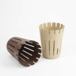 Lotus waste basket with vertical slatted plastic design in beige and brown, ideal for office or bedroom use