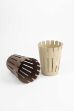 Lotus waste basket with vertical slatted plastic design in beige and brown, ideal for office or bedroom use