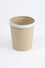 Rattan waste bin in beige plastic with faux‑rattan textured sides and contrasting light rim, ideal for office or bedroom use