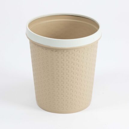 Rattan waste bin in beige plastic with faux‑rattan textured sides and contrasting light rim, ideal for office or bedroom use