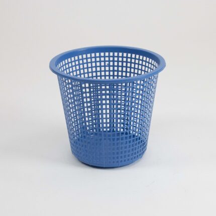 trash can 5-gallon blue plastic mesh wastebasket with round tapered shape for office or home use