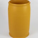 open-top Drum 220 L orange plastic cylindrical drum with integrated side hand grips and wide open mouth