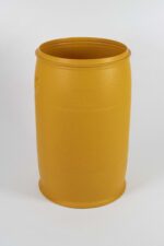 open-top Drum 220 L orange plastic cylindrical drum with integrated side hand grips and wide open mouth