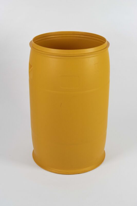 open-top Drum 220 L orange plastic cylindrical drum with integrated side hand grips and wide open mouth