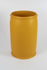 open-top Drum 220 L orange plastic cylindrical drum with integrated side hand grips and wide open mouth