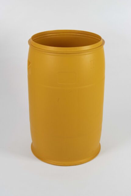 open-top Drum 220 L orange plastic cylindrical drum with integrated side hand grips and wide open mouth